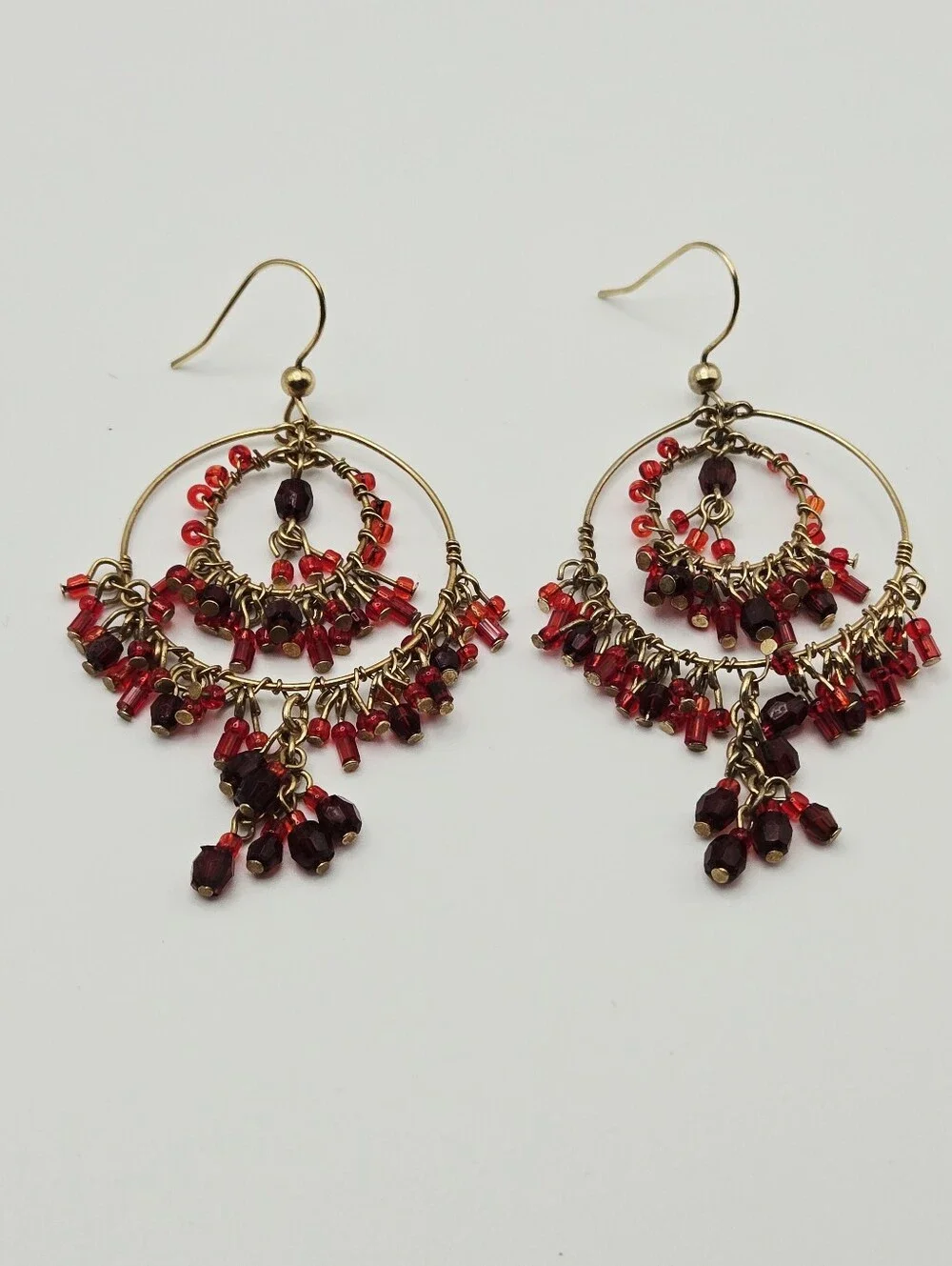 Vintage Gold Tone Hoop Chandelier Earrings with Red Beads